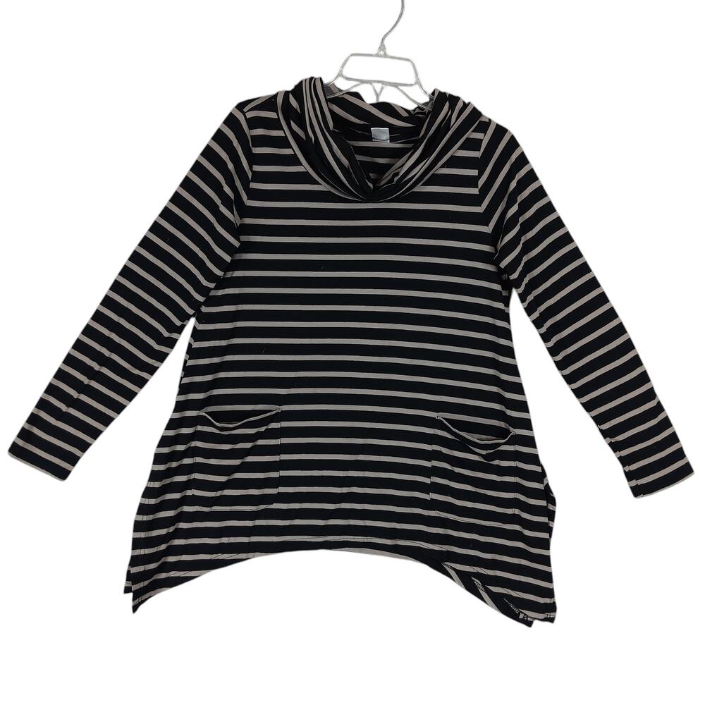 Venus Tunic Blouse Black and Beige Striped Size Small Cowl Neck Long Sleeve